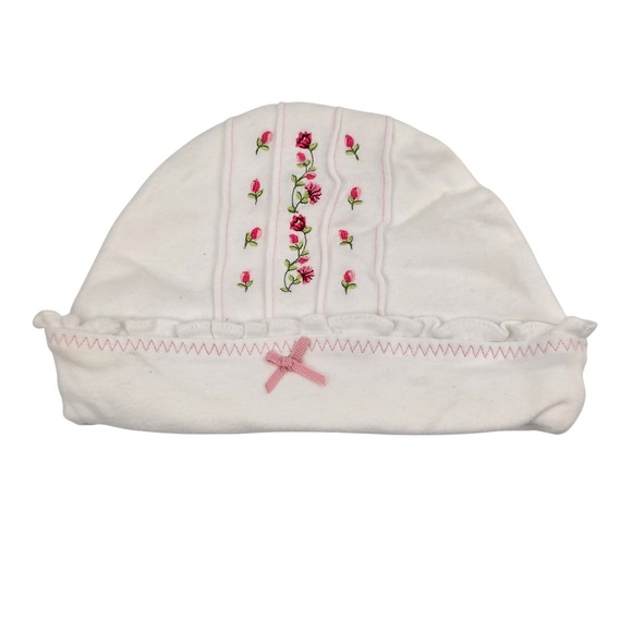 Carters 3-9 M White Pink Floral Embroidered Baby Hat Cotton Garden Party NEW - Picture 1 of 3